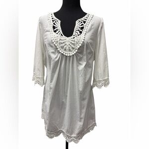 1010 White Cotton Tunic with Lace Trim  Tunic Top Size Large boho chic